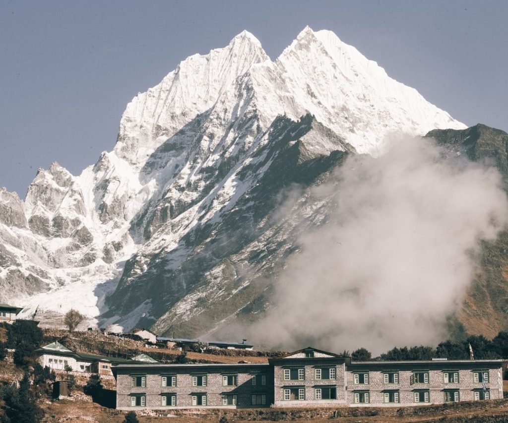 Luxury lodge in Namche Bazaar beneath snow-capped peaks in the Khumbu region